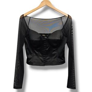 Guess Gatsby Corset Top M Black Satin Mesh Bustier Sexy Goth Dark Romance Glam